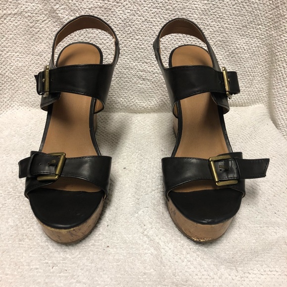 Neutral Brown Double Buckle Cork Wedges 7.5 - Picture 4 of 8